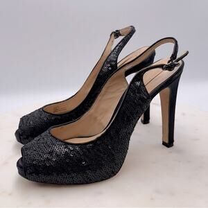 BCBGMAXAZRIA Bodhi Black Sequin Peep Toe Heels 7.5 Pumps Party Shoes Formal